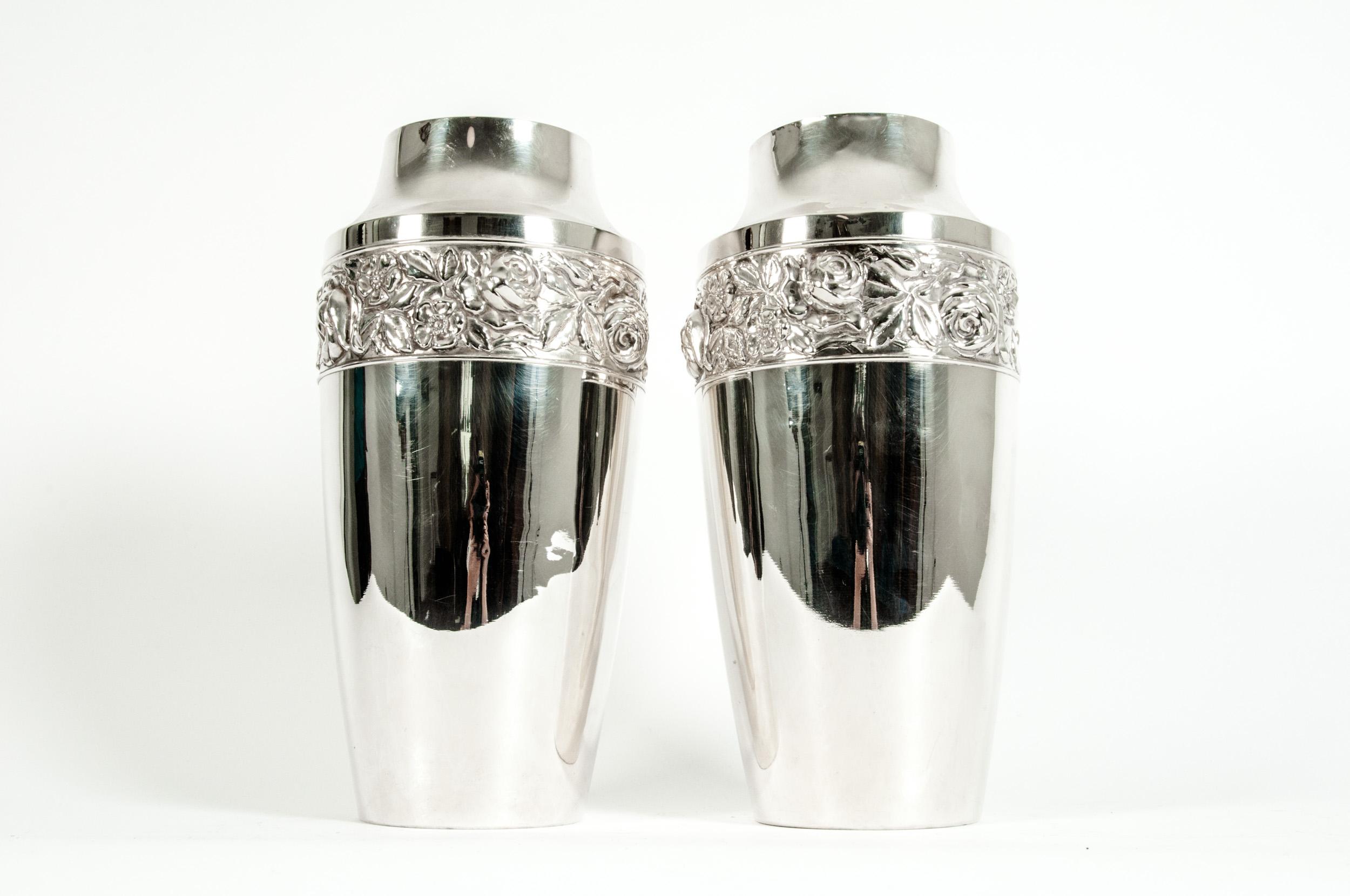 Late 19th Century Pair of Antique English Silver Plated Hand Chased Vases / Pieces