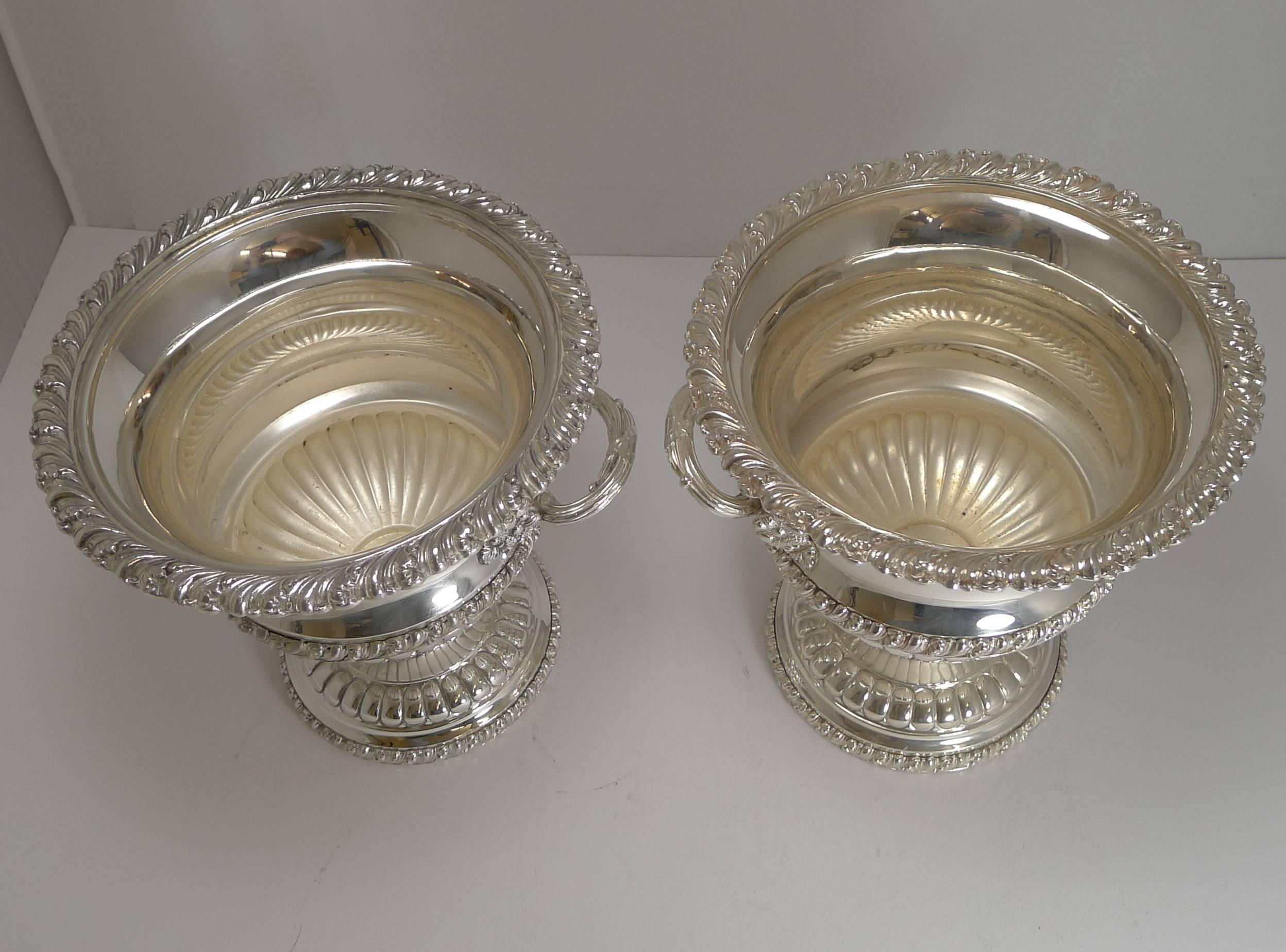 A magnificent and elegant pair of late Victorian / early Edwardian wine or champagne coolers made from silver on copper dating to circa 1900.

Beautiful decorative handles with a good weight ready for the finest event. Excellent condition each