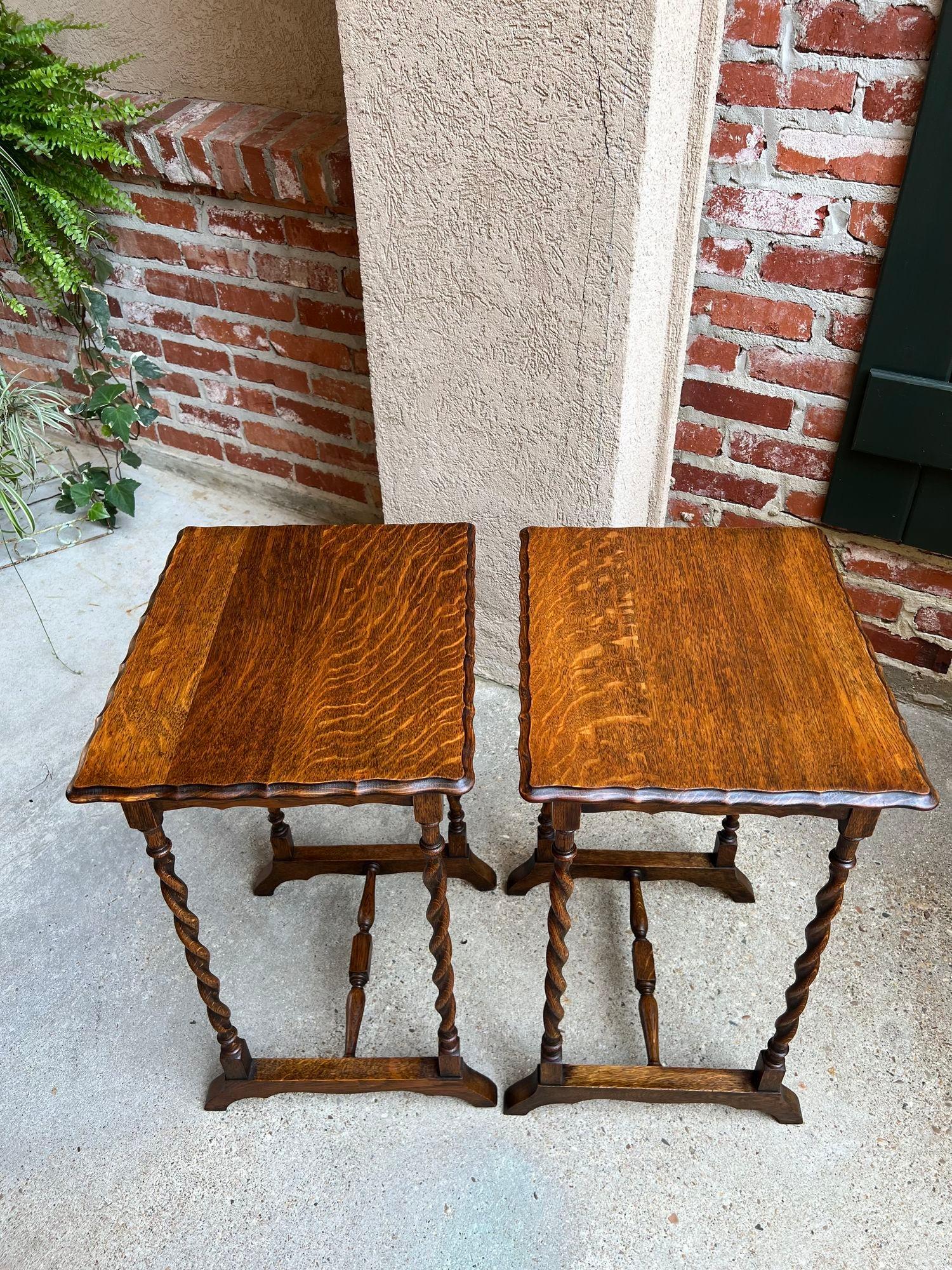 Pair Antique English Sofa Side Table Barley Twist Square Tiger Oak Petite Set 2 4