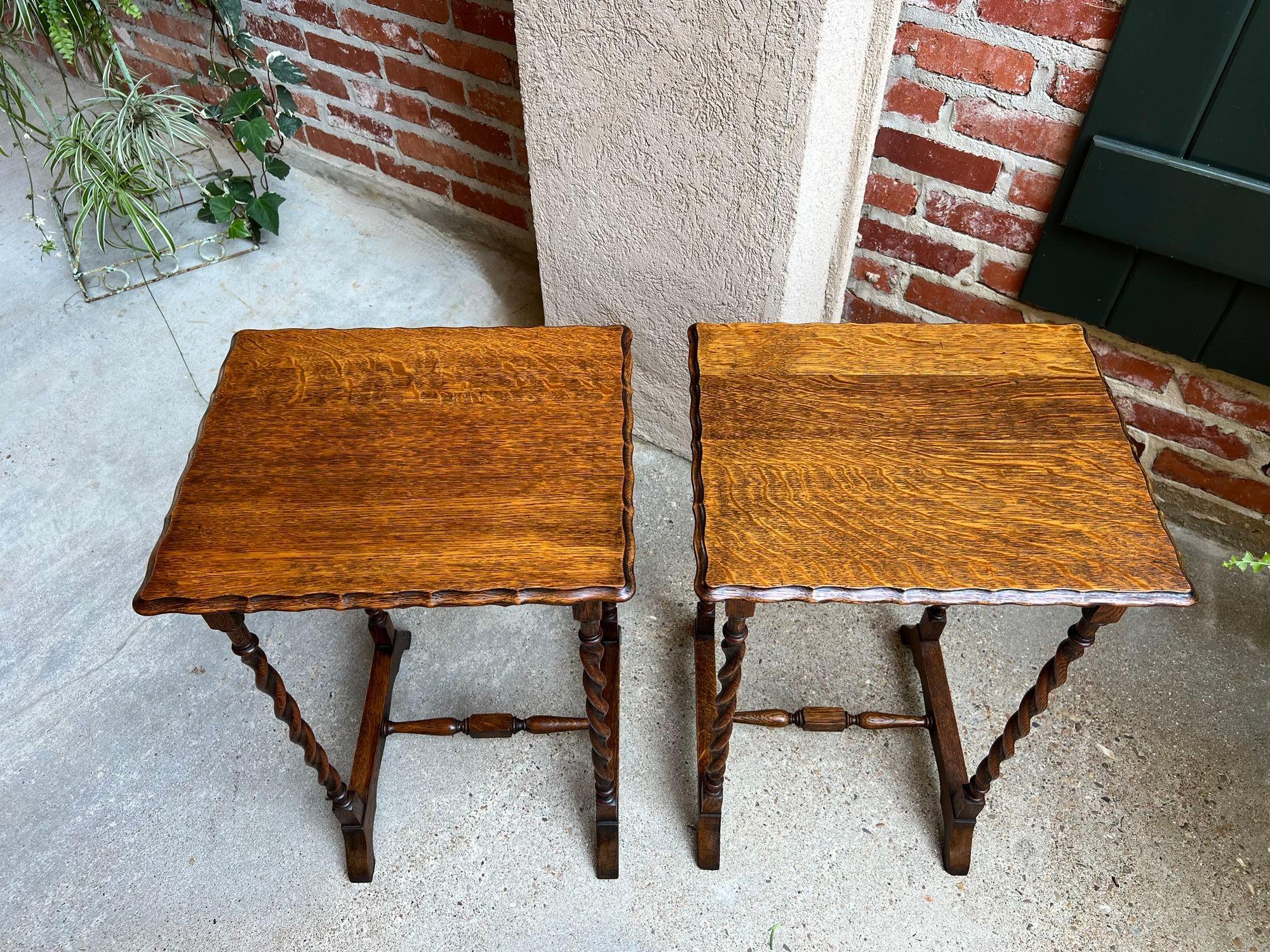 Pair Antique English Sofa Side Table Barley Twist Square Tiger Oak Petite Set 2 10
