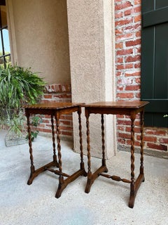Pair Antique English Sofa Side Table Barley Twist Square Tiger Oak Petite Set 2