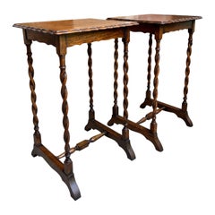 Pair Antique English Sofa Side Table Barley Twist Square Tiger Oak Petite Set 2