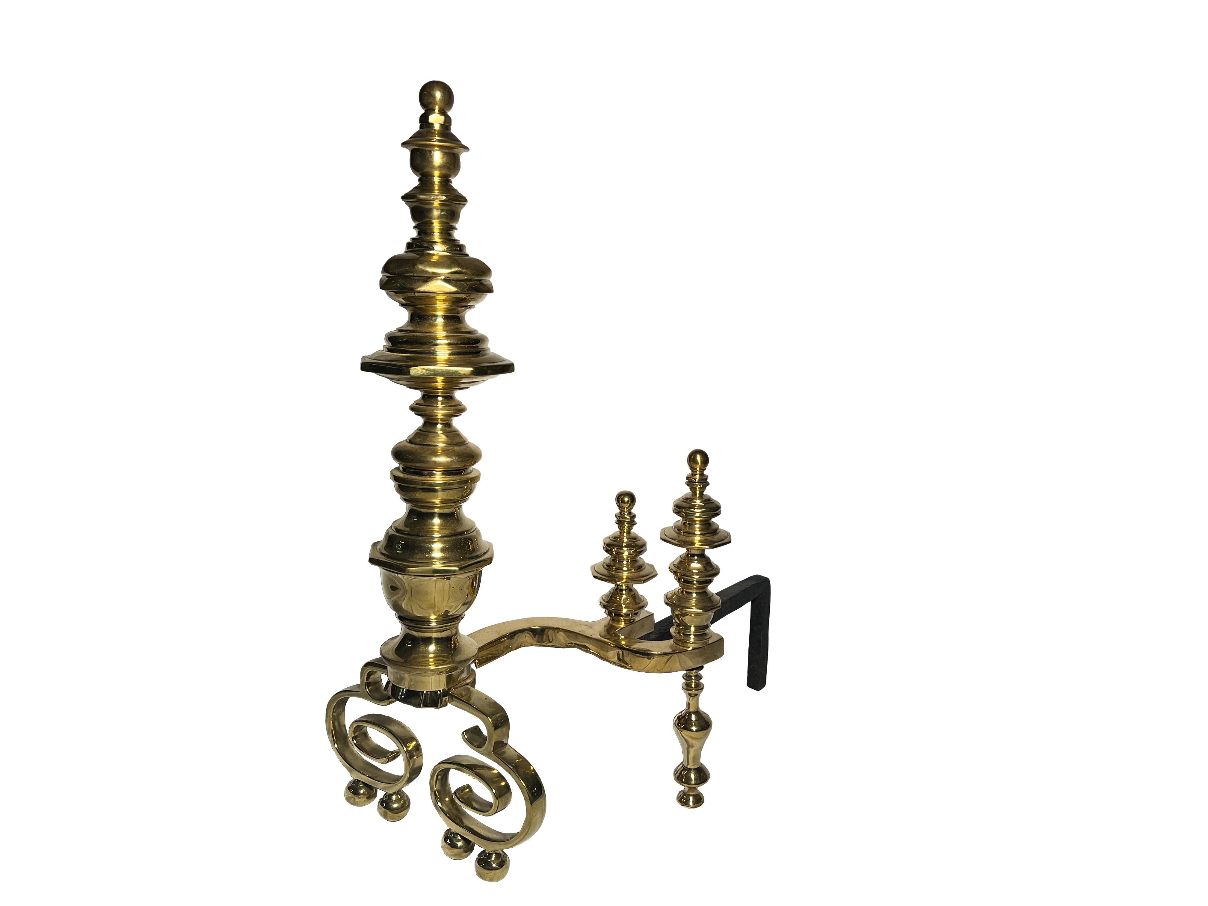 Handsome Pair Antique English Solid Brass Andirons, Circa 1850-1870.