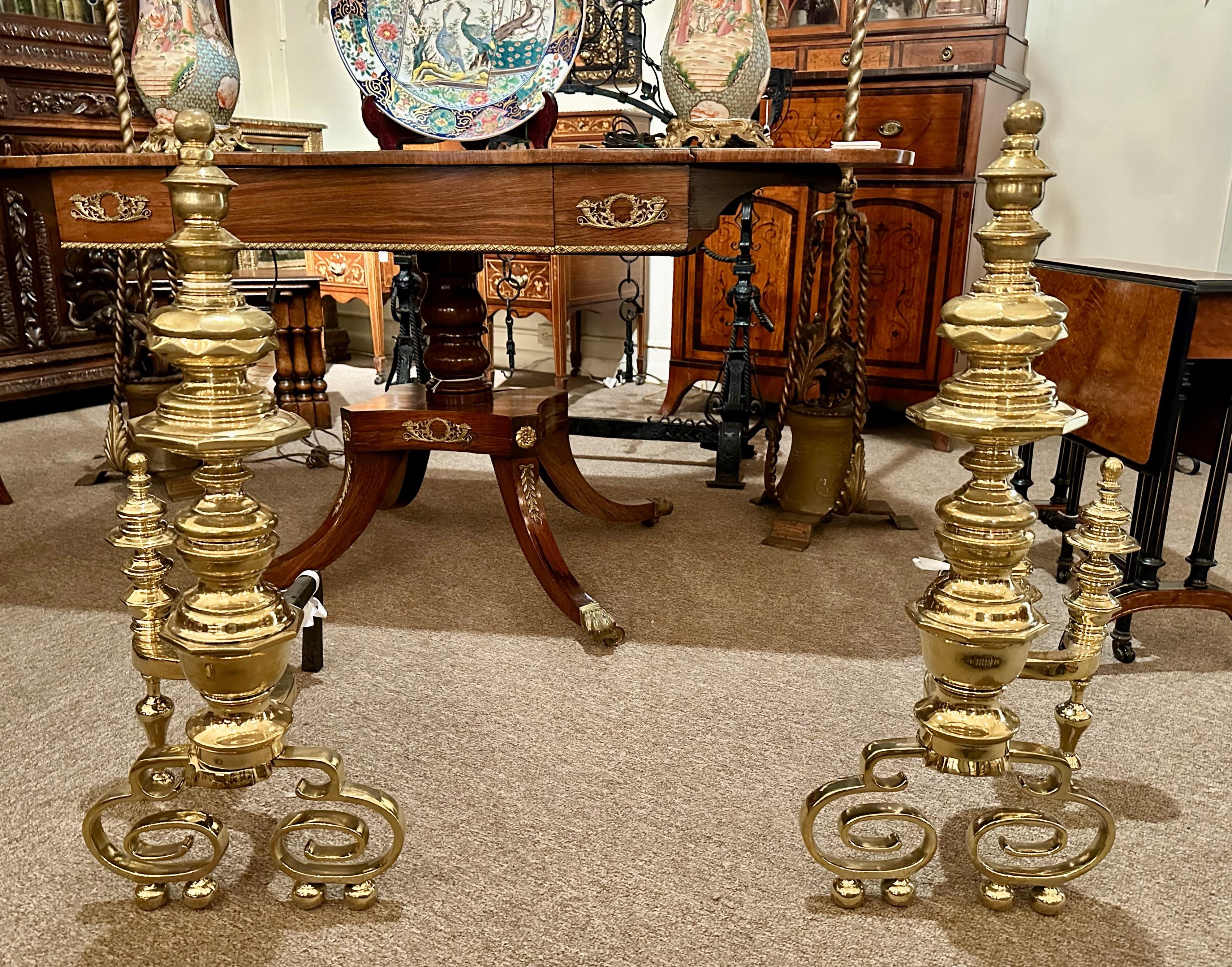 19th Century Pair Antique English Solid Brass Andirons, Circa 1850-1870. For Sale