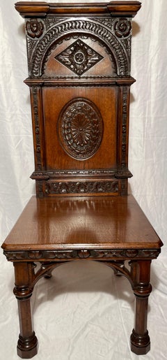 Pair Antique English Solid Oak Great Hall Chairs, Circa 1840.
