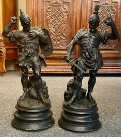 Pair of Antique English Spelter Visigoth Warriors in Battle, circa 1900