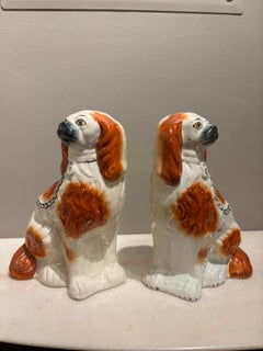Pair Antique English Staffordshire Glazed Ceramic Spaniels Dogs