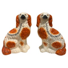Pair Antique English Staffordshire Glazed Ceramic Spaniels Dogs