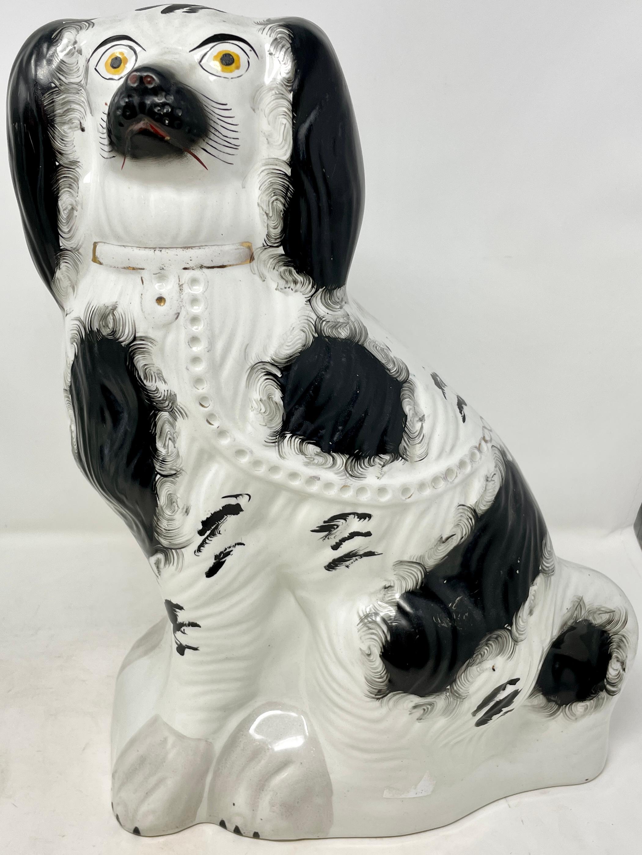 Victorian Pair Antique English Staffordshire Porcelain King Charles Spaniel Dogs, Ca 1880s