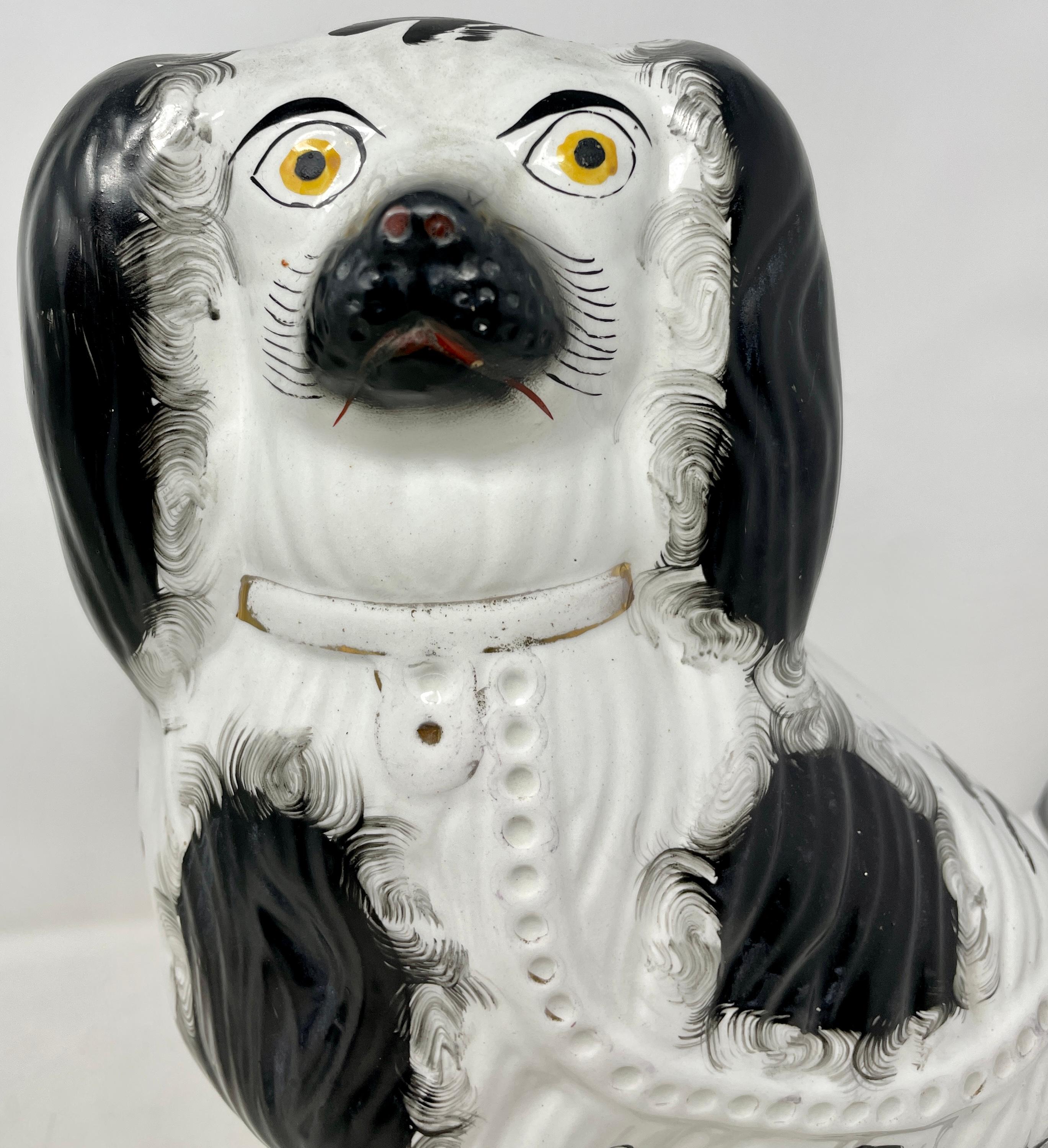 19th Century Pair Antique English Staffordshire Porcelain King Charles Spaniel Dogs, Ca 1880s