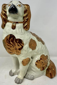 Pair Antique English Staffordshire Porcelain King Charles Spaniel Dogs, C. 1900s