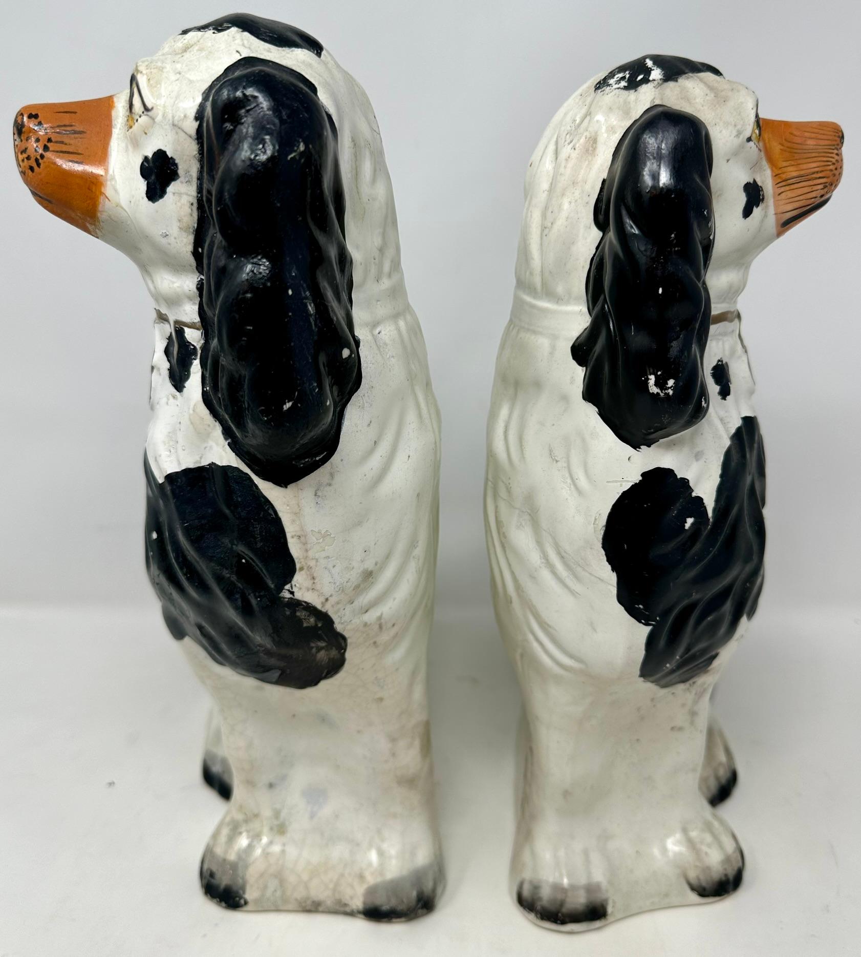 19th Century Pair Antique English Staffordshire Pottery Dogs in Black & White, Circa 1860.