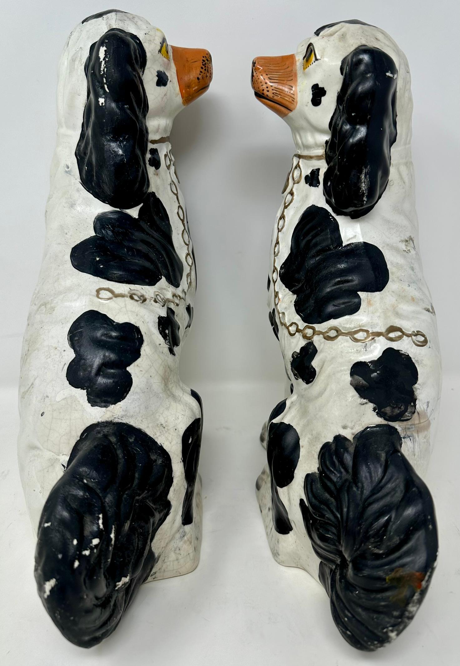 Pair Antique English Staffordshire Pottery Dogs in Black & White, Circa 1860. 1
