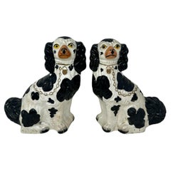 Pair Antique English Staffordshire Pottery Dogs in Black & White, Circa 1860.
