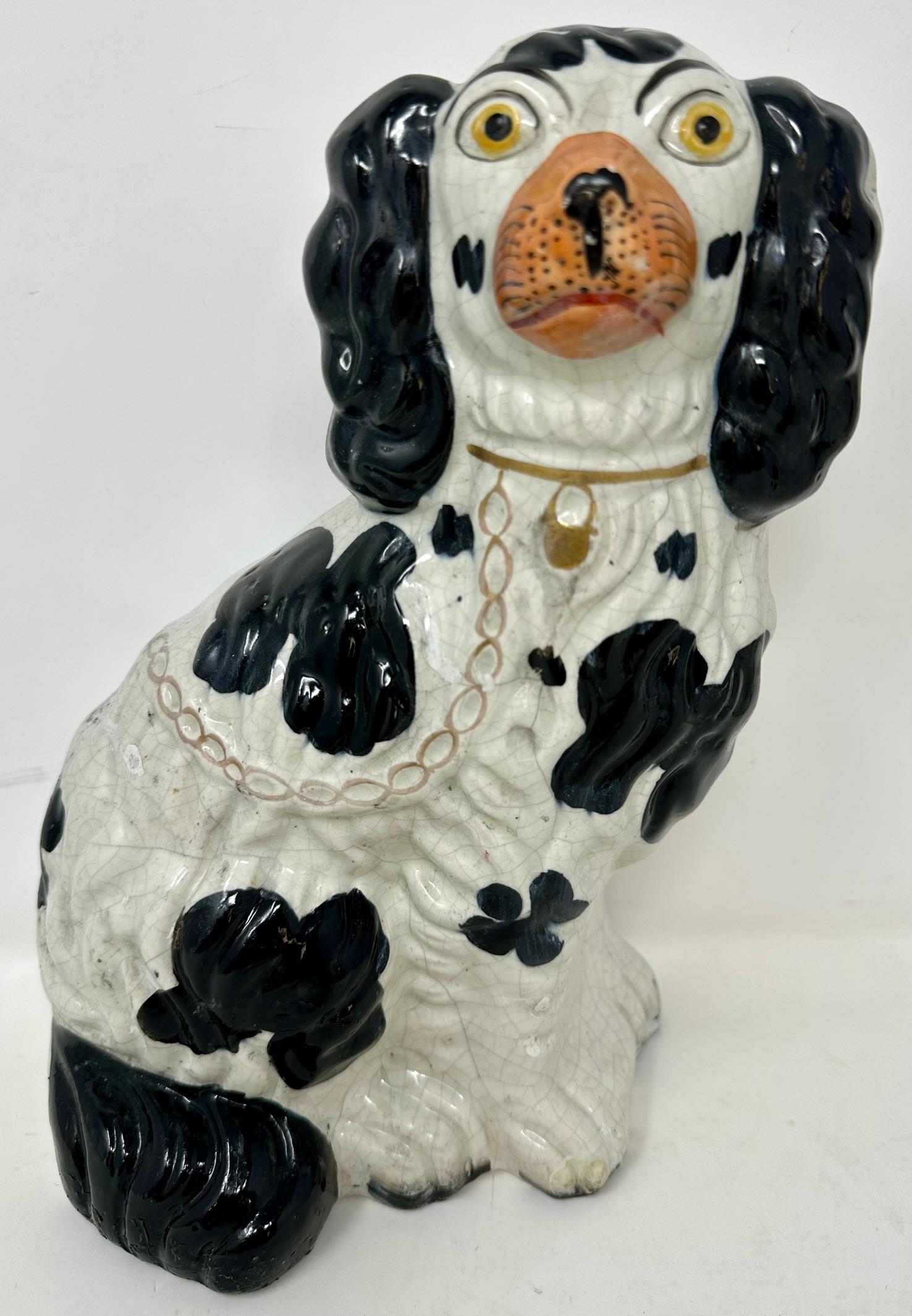 Pair Antique English Staffordshire Pottery Dogs Hand-Painted Black & White, Circa 1890's.
