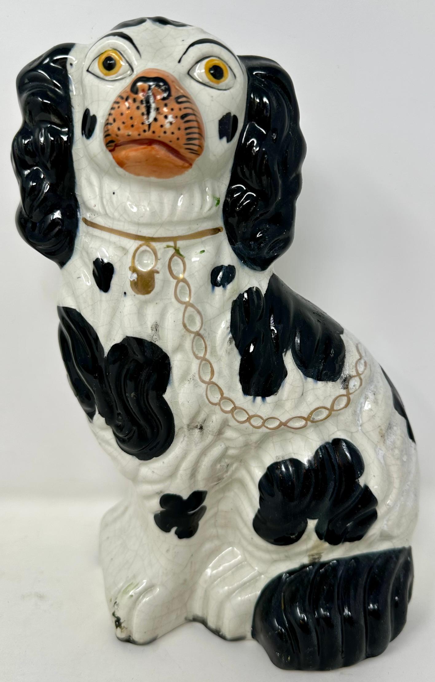 Victorian Pair Antique English Staffordshire Pottery Dogs in Black & White, Circa 1890's.