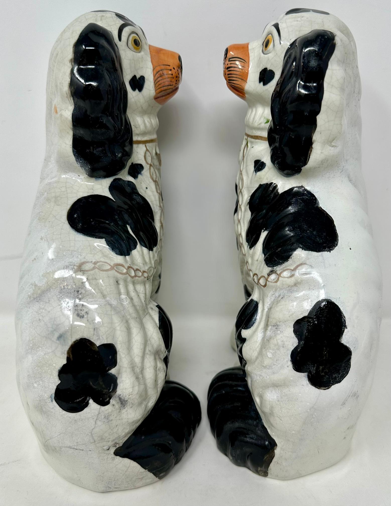19th Century Pair Antique English Staffordshire Pottery Dogs in Black & White, Circa 1890's.