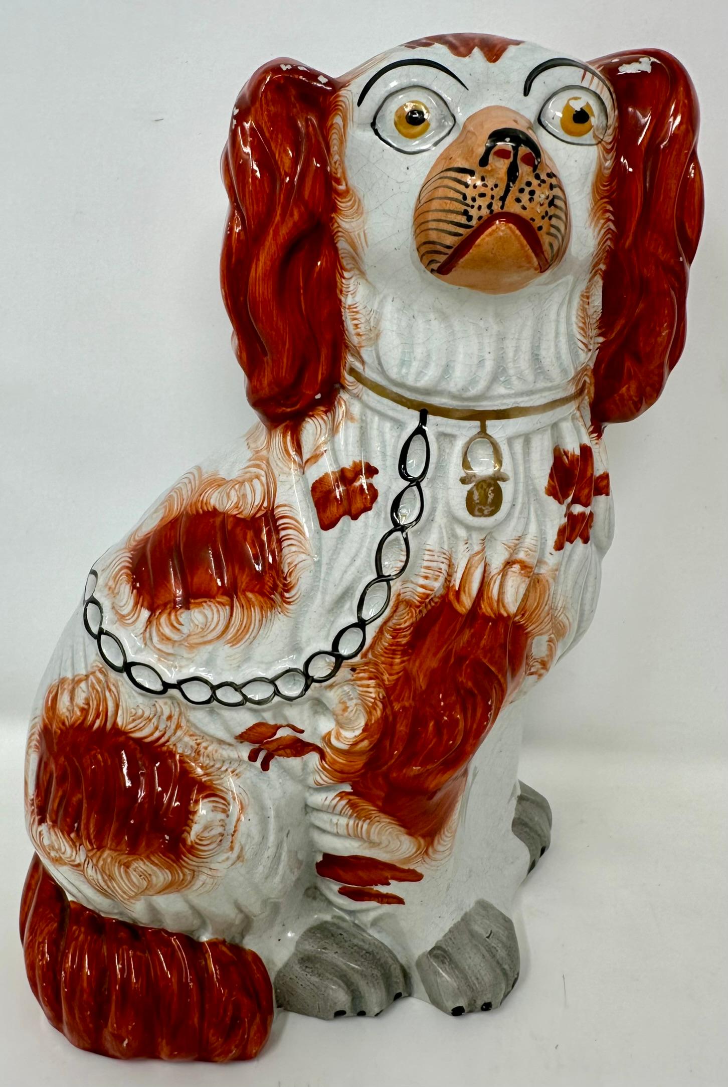 Pair Antique English Staffordshire Pottery Dogs Hand-Painted in Orange & White, Circa 1840.