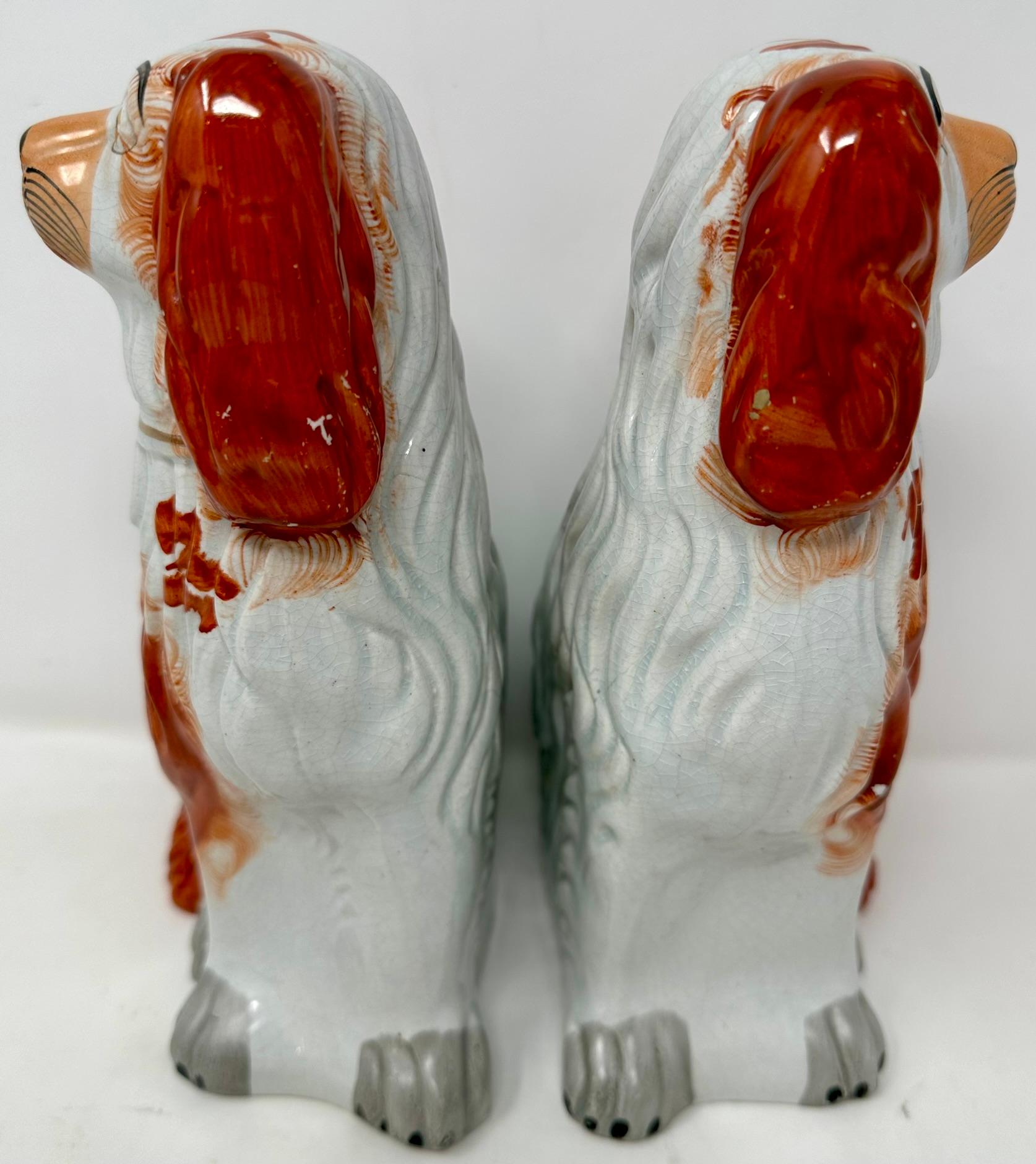 19th Century Pair Antique English Staffordshire Pottery Dogs in Orange & White, Circa 1840.