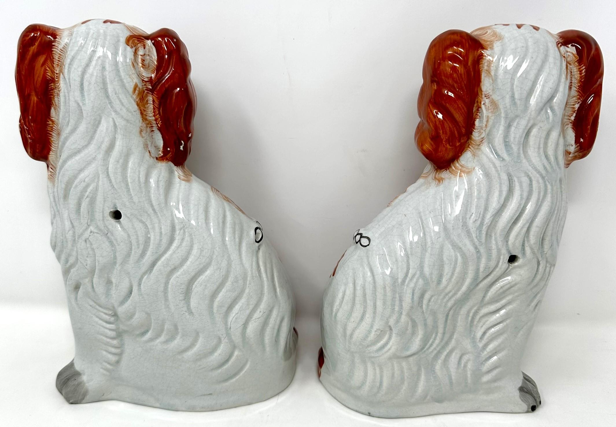 Pair Antique English Staffordshire Pottery Dogs in Orange & White, Circa 1840. 2