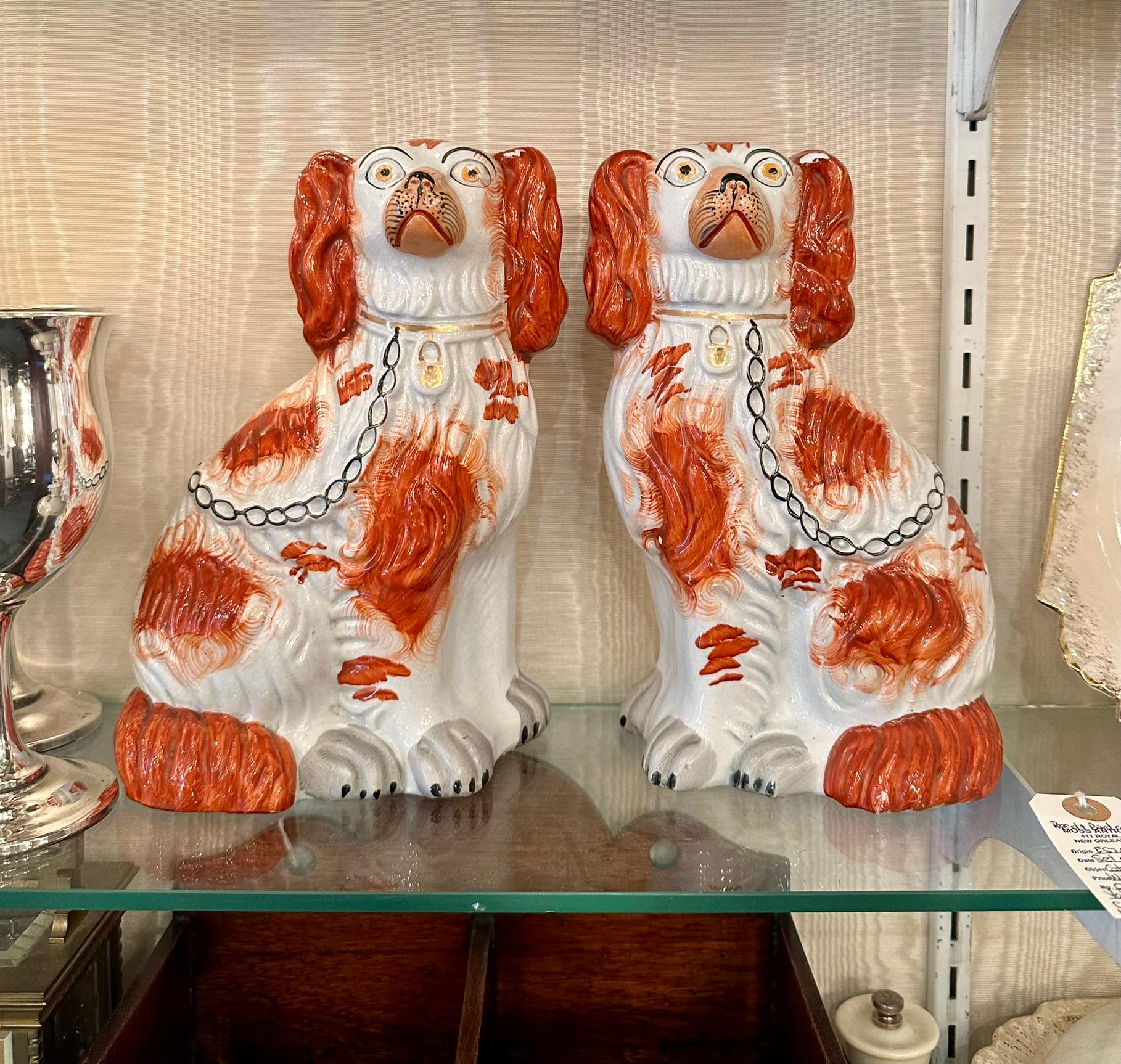 Pair Antique English Staffordshire Pottery Dogs in Orange & White, Circa 1840. 4