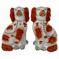 Pair Antique English Staffordshire Pottery Dogs in Orange & White, Circa 1840.