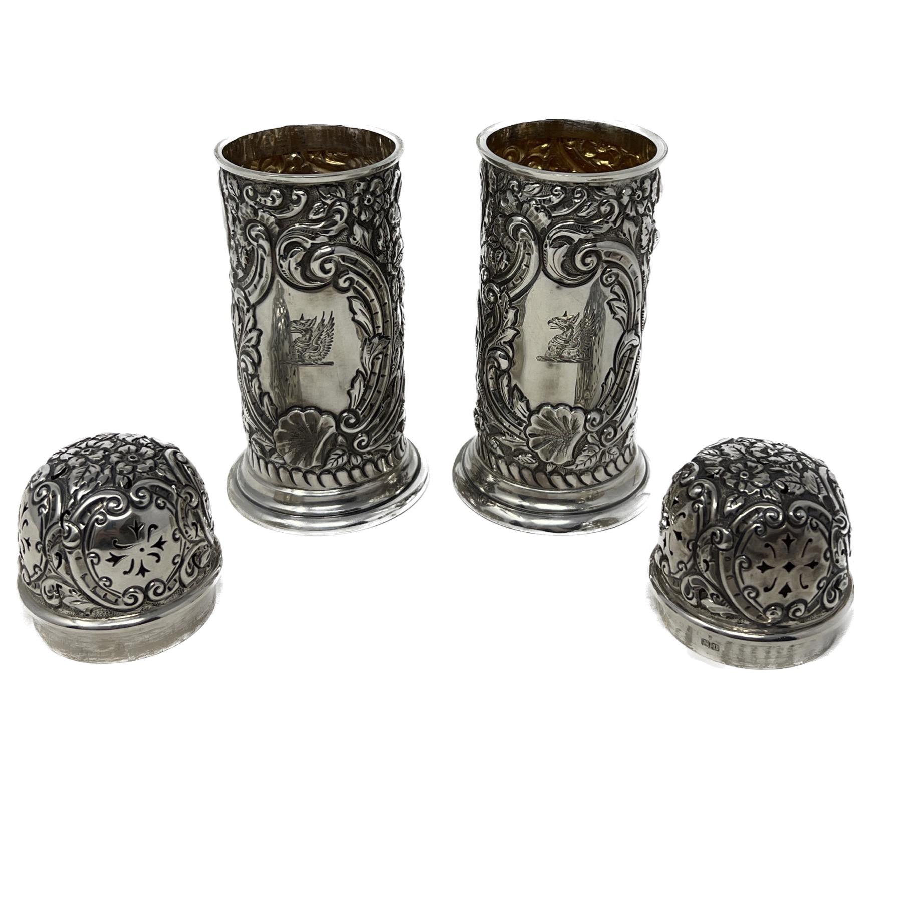 Pair Antique English Sterling Silver Muffineers or Salt & Pepper Shakers, Circa 1880.