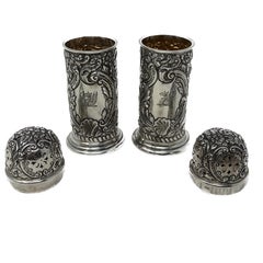 Pair Antique English Sterling Silver Muffineers / Salt & Pepper Shakers, Ca 1880