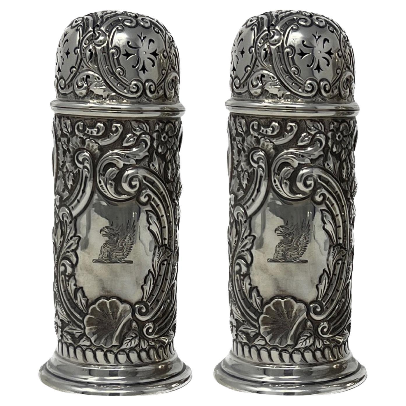 Pair Antique English Sterling Silver Muffineers / Salt & Pepper Shakers, Ca 1880 For Sale