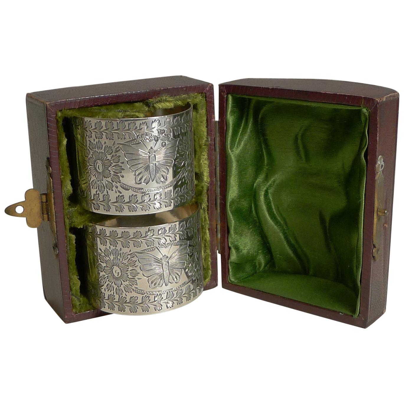 Pair of Antique English Sterling Silver Napkin Rings, 1888, Butterflies