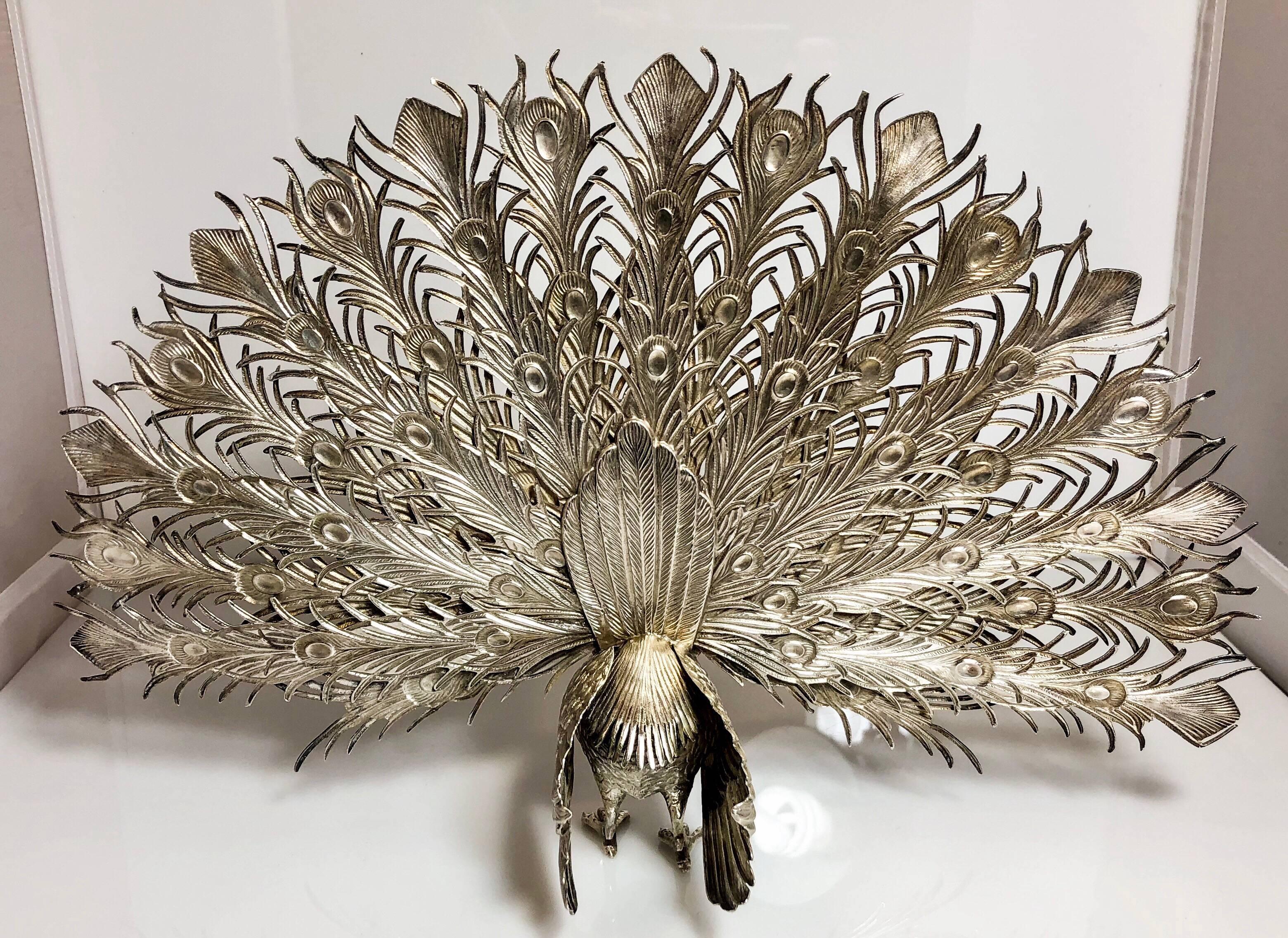 Pair of Antique English Sterling Silver Peacocks, circa 1920-1930 1