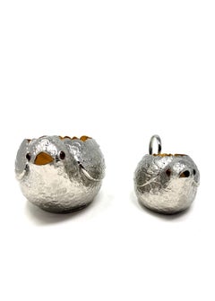 Pair Antique English Sugar and Creamer Silver Plated Gilt Chicks, Circa 1920.