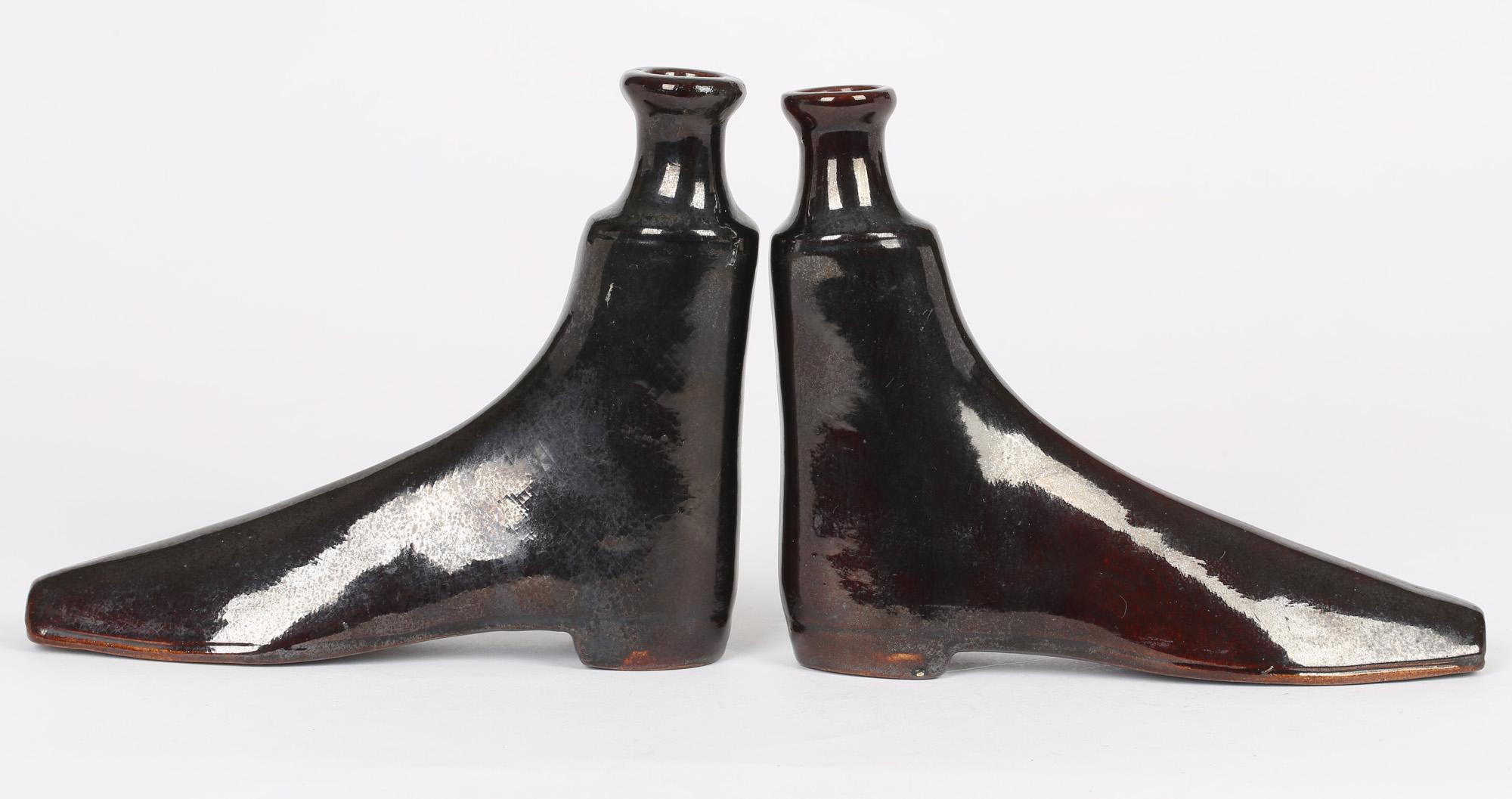 Pair of Antique English Treacle Glazed Pottery Boot Shaped Spirit Flasks 8