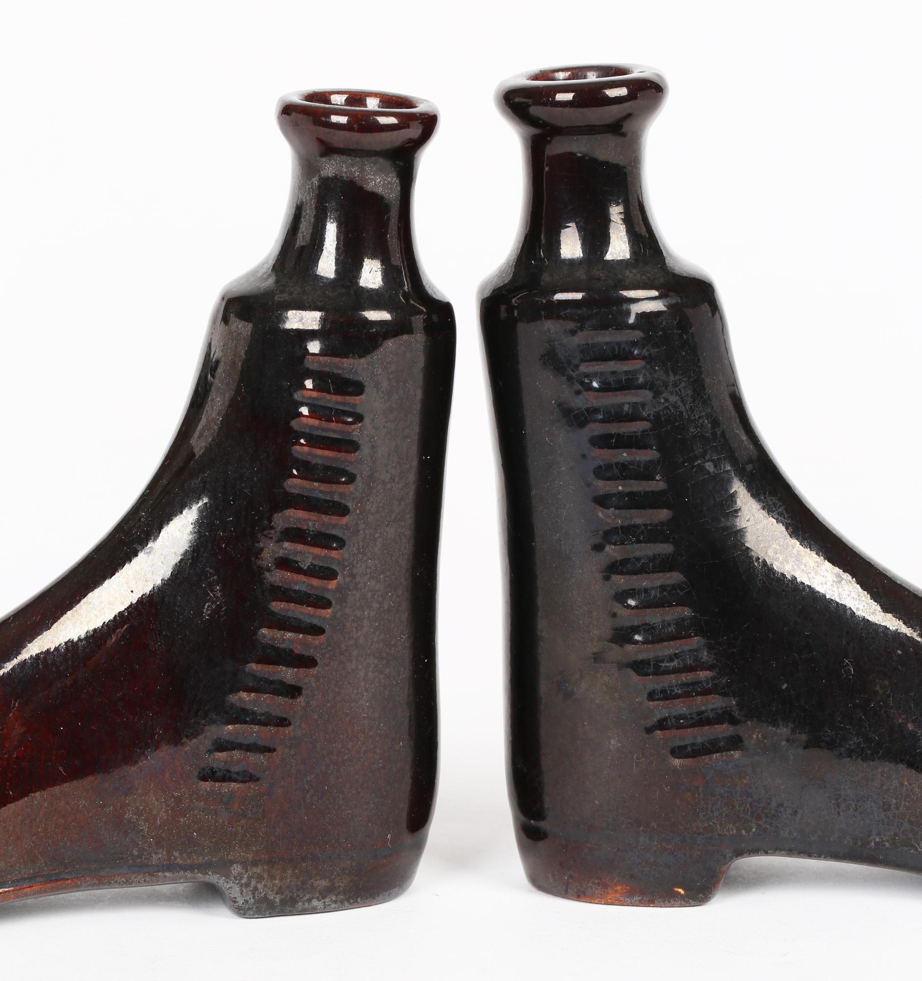 Victorian Pair of Antique English Treacle Glazed Pottery Boot Shaped Spirit Flasks