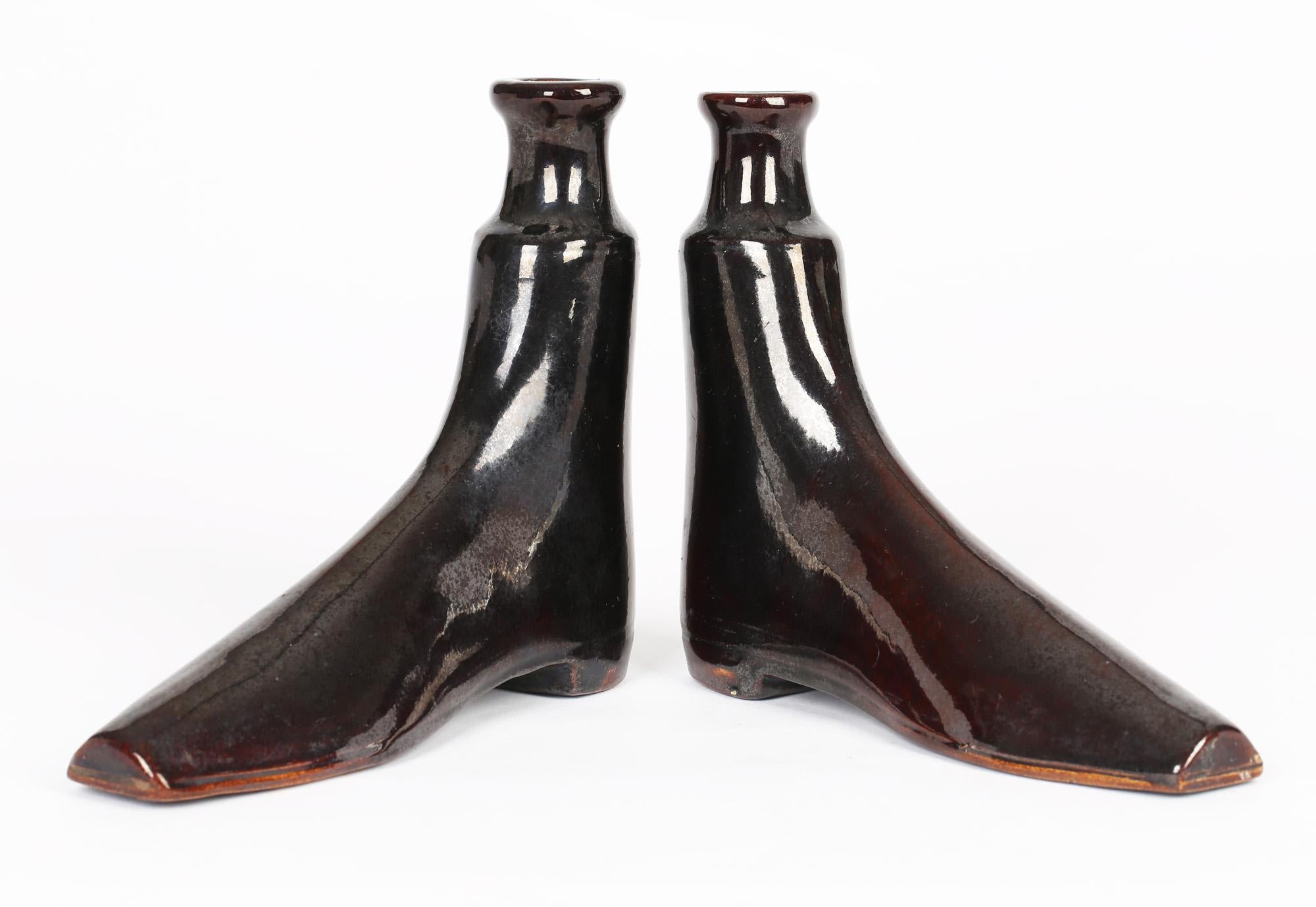 Pair of Antique English Treacle Glazed Pottery Boot Shaped Spirit Flasks 4