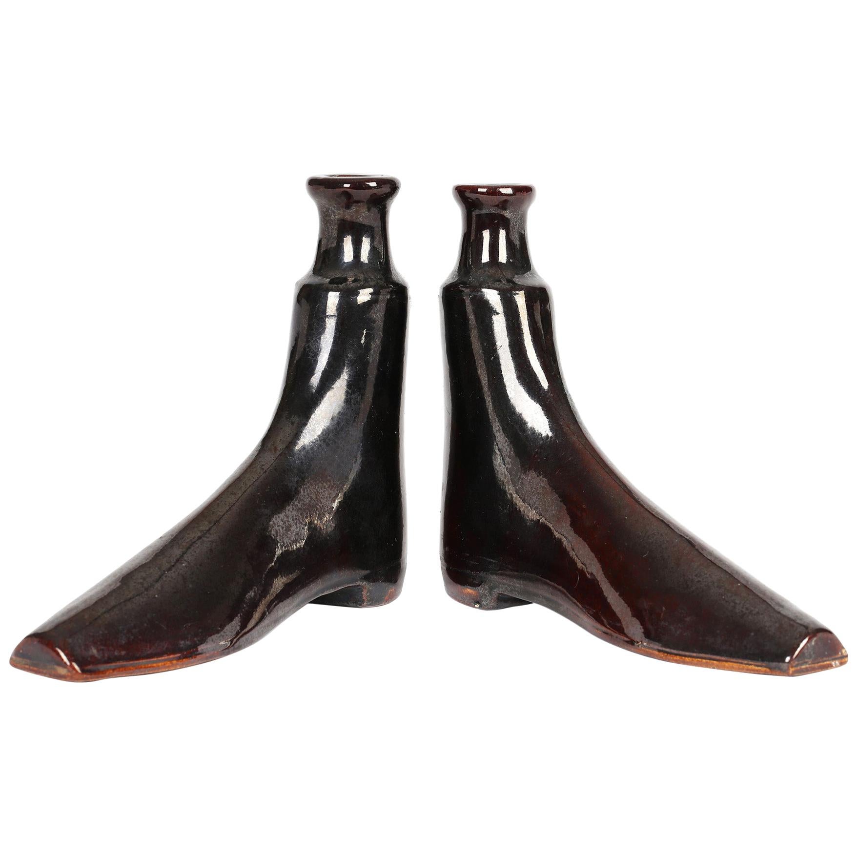 Pair of Antique English Treacle Glazed Pottery Boot Shaped Spirit Flasks