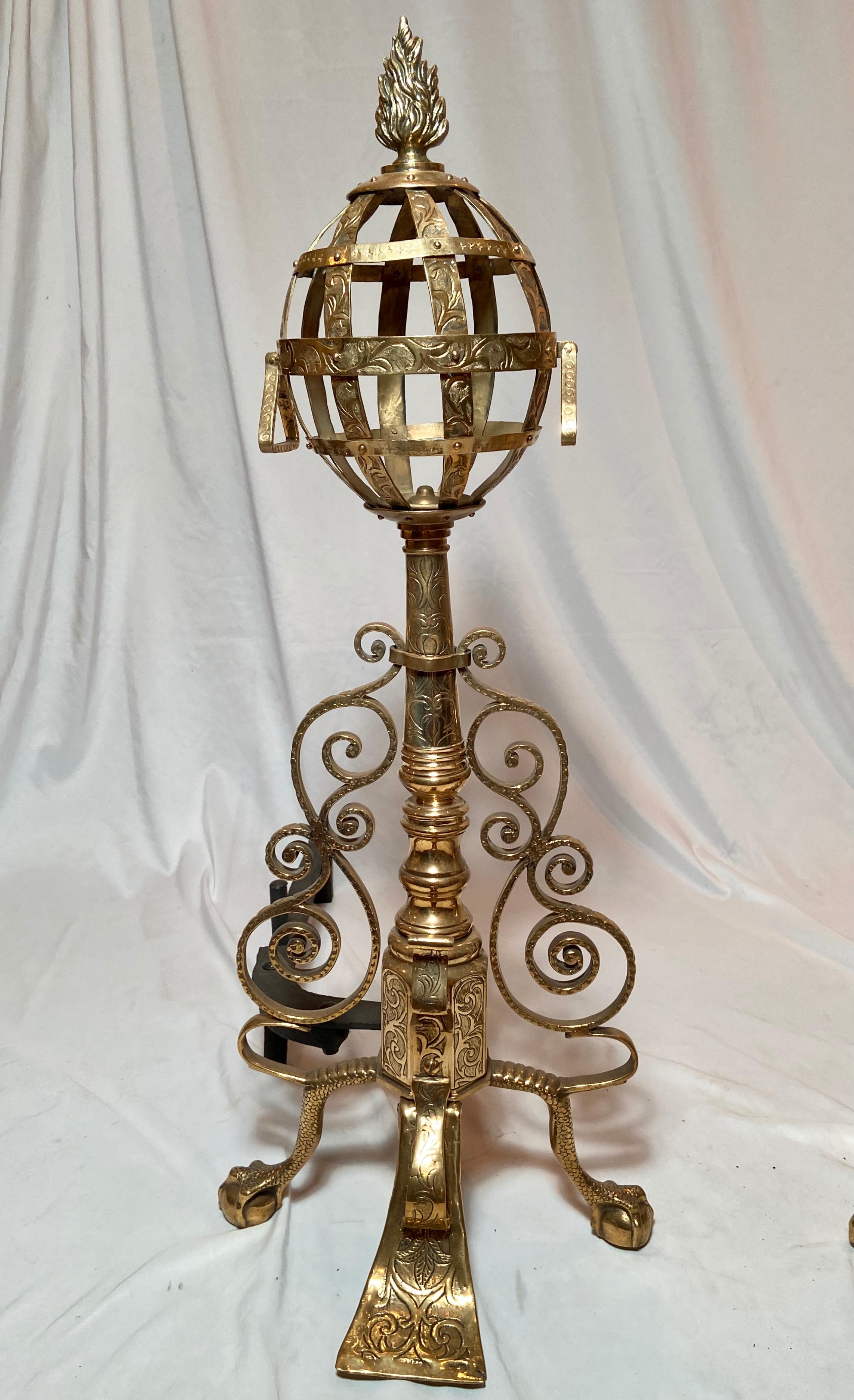 Pair Antique Exceptional English Victorian brass andirons with Scrollwork Design, Circa 1890's.