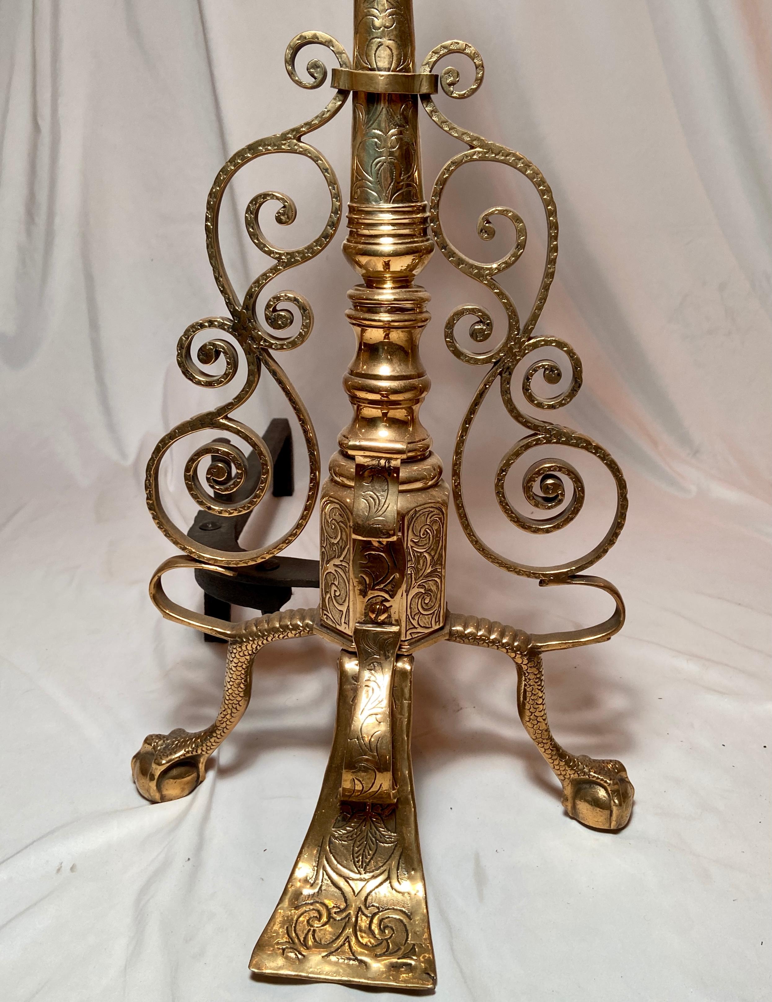 19th Century Pair Antique English Victorian Brass Andirons with Scrollwork Design, circa 1890 For Sale