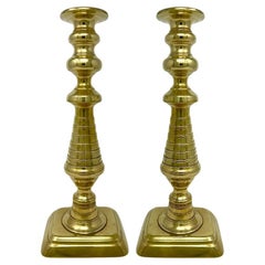 Pair Antique English Victorian Brass Candlesticks, Circa 1840-1860.