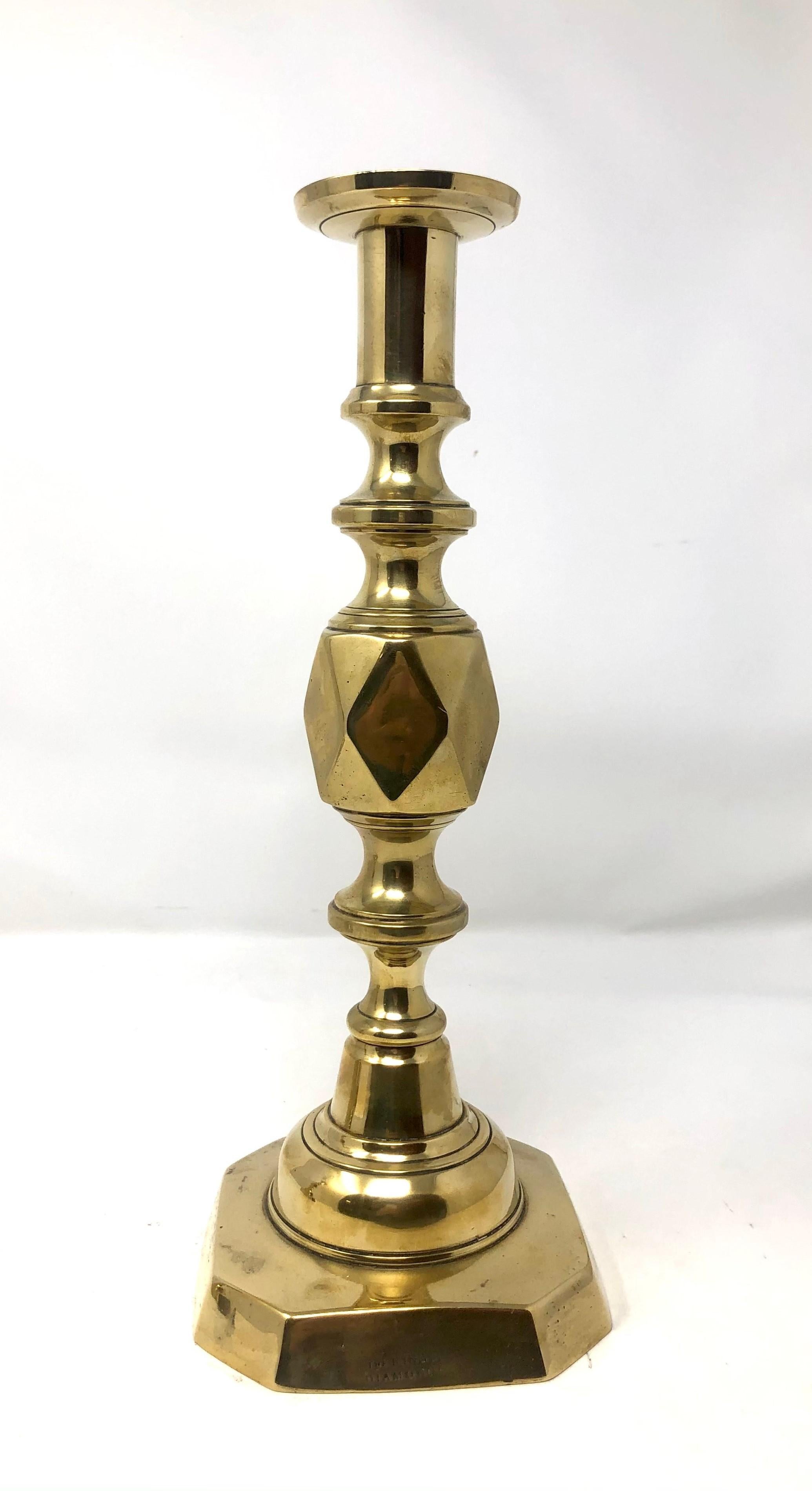 Pair antique English Victorian brass King's pattern candlesticks, circa 1890's.