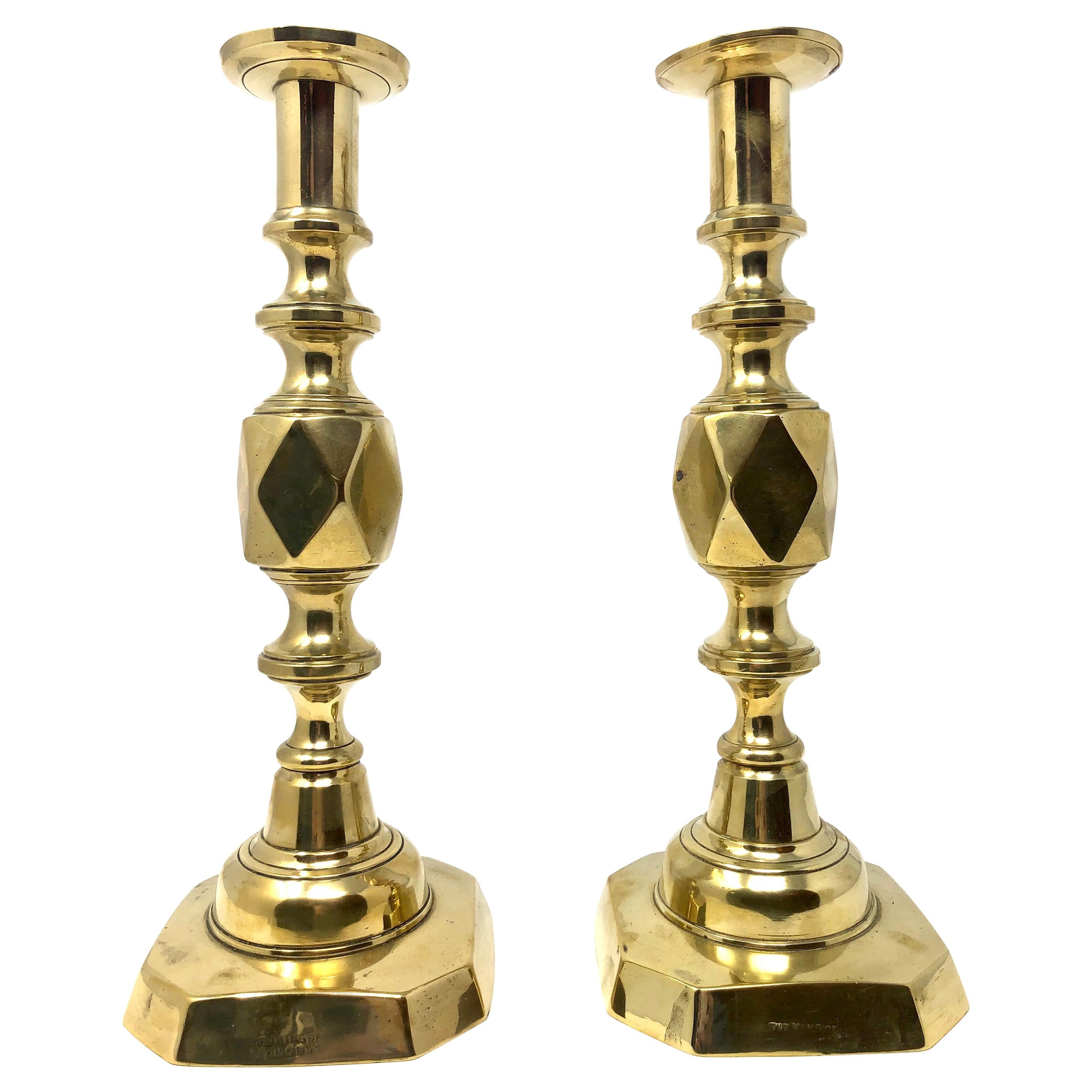English Signed Brass Spring Loaded Candlestick, circa 1870 For Sale at