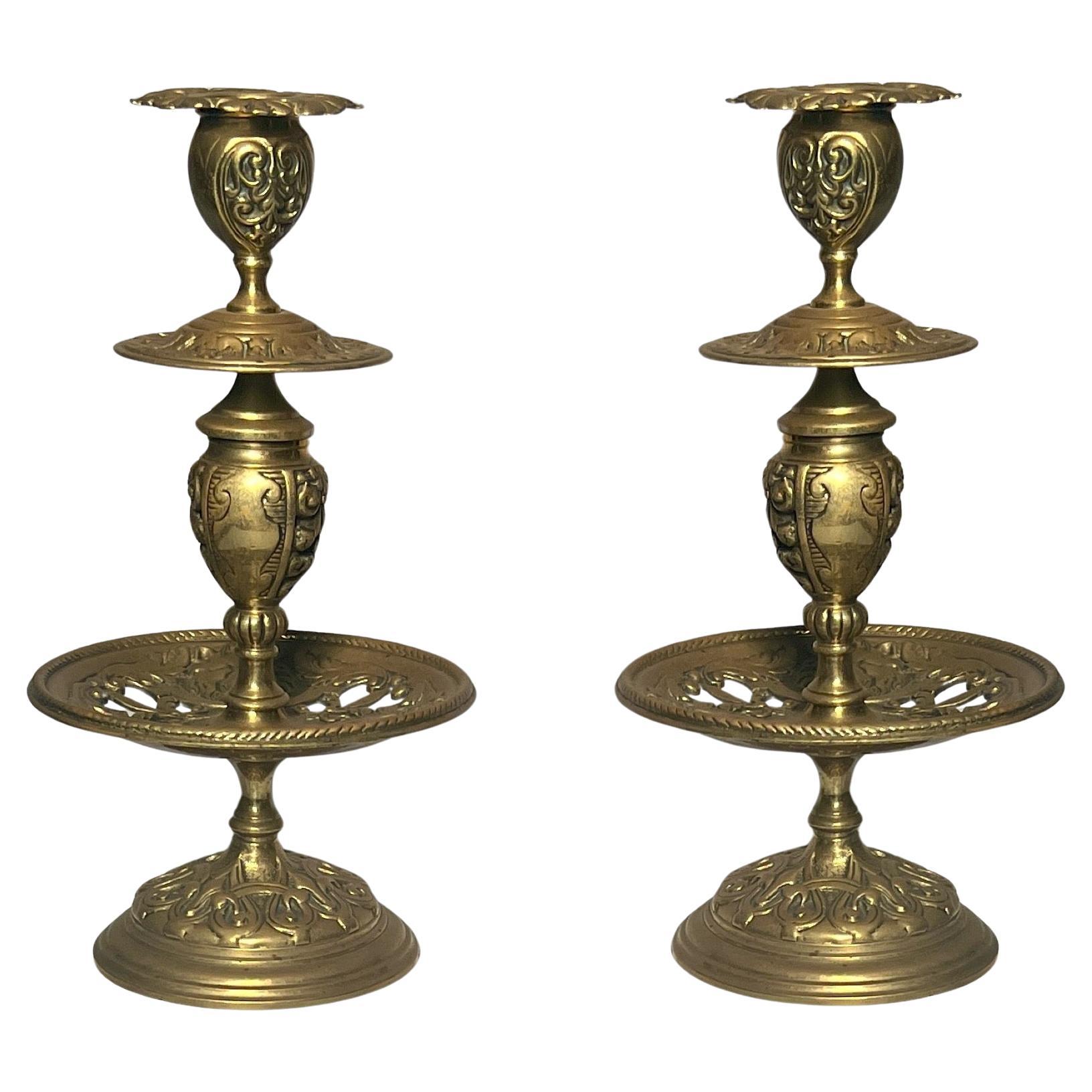 Pair Antique English Victorian Brass Openwork Candles, Circa 1865.