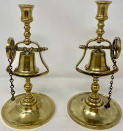Pair Antique English Victorian Brass Pub Candlesticks with Service Bells Ca 1890