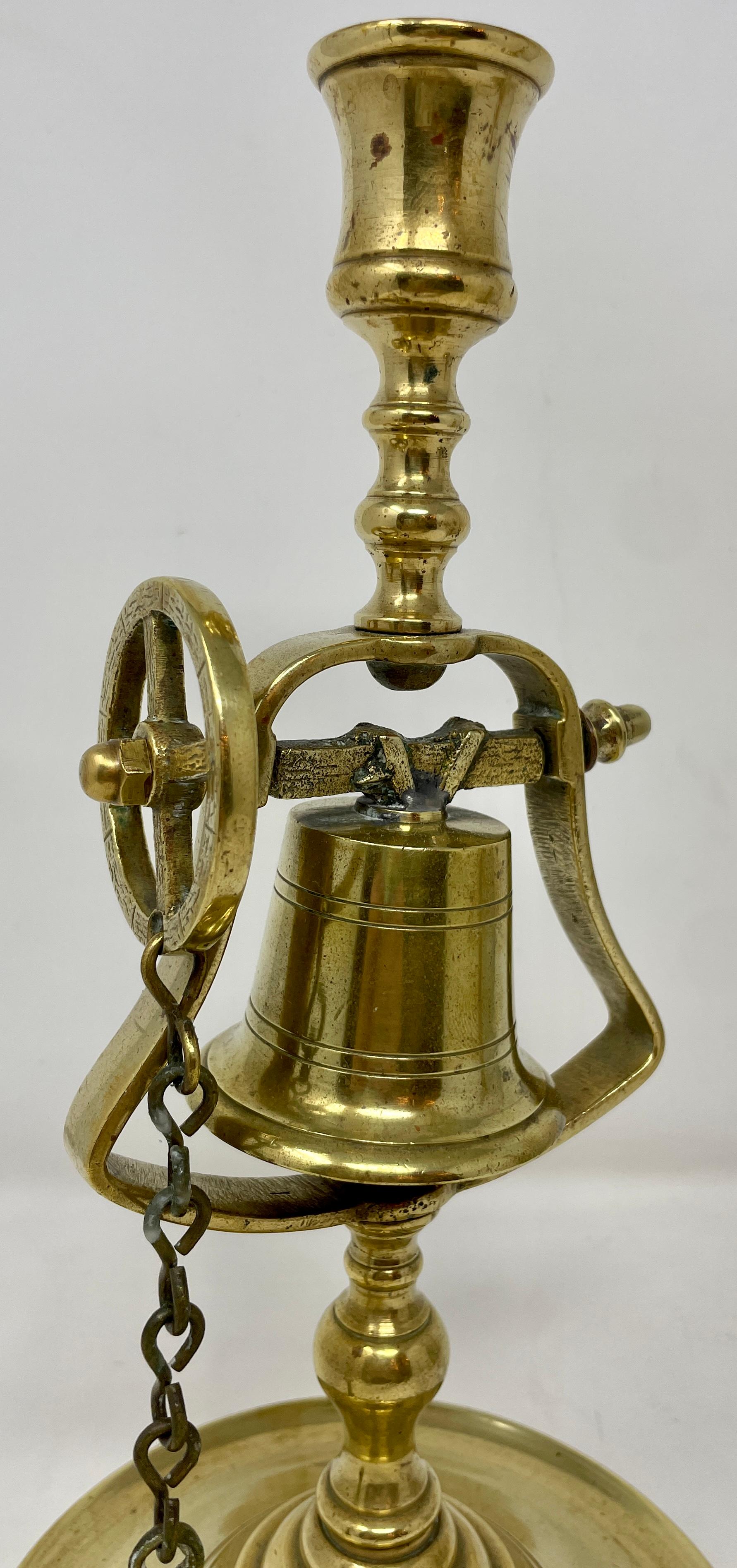 19th Century Pair Antique English Victorian Brass Pub Candlesticks with Service Bells Ca 1890