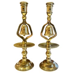 Pair of Antique English Victorian Brass Pub "Service Bell" Candlesticks