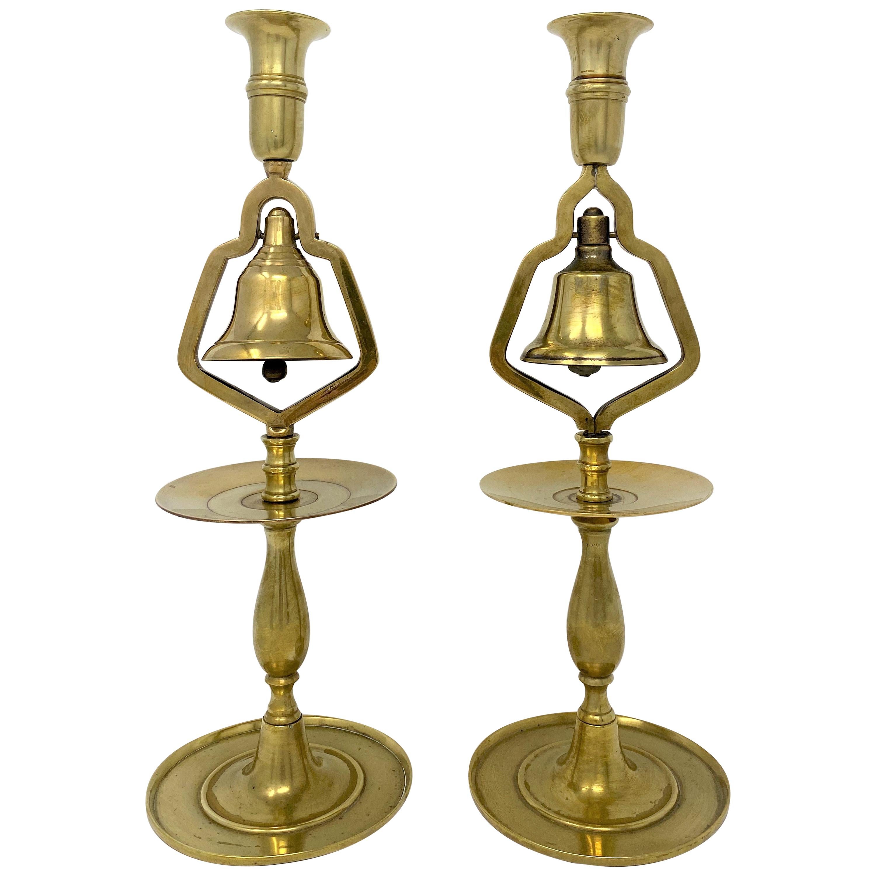 Pair of English Victorian Brass Tavern Candlesticks with Service Bells, 1890