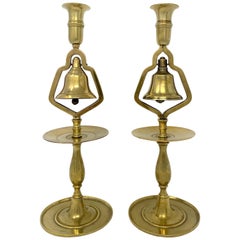 Pair of English Victorian Brass Tavern Candlesticks with Service Bells, 1890