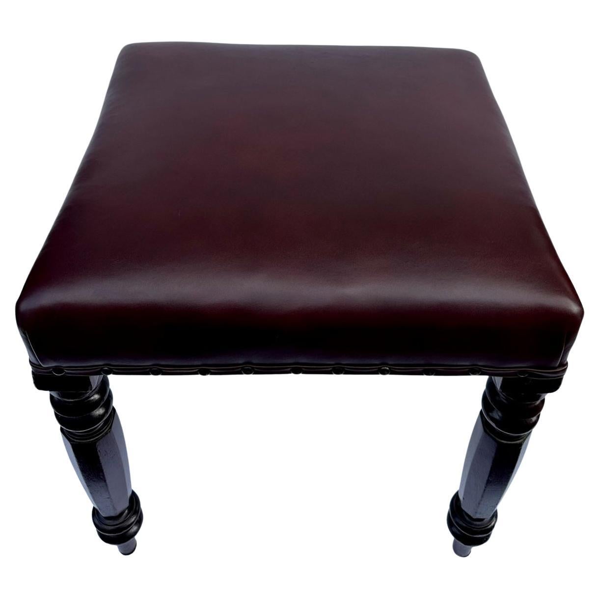 Polished Pair Antique English Victorian Carved Mahogany Leather Upholstered Stools 19 Ct. For Sale