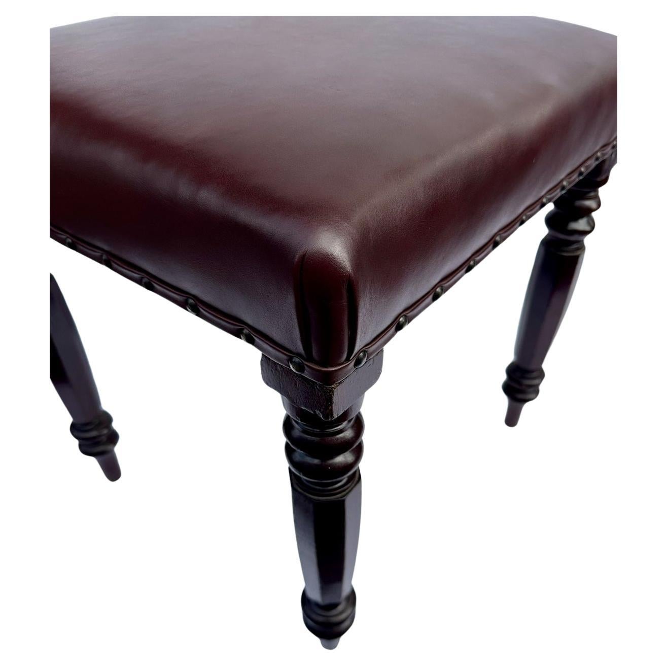 19th Century Pair Antique English Victorian Carved Mahogany Leather Upholstered Stools 19 Ct. For Sale