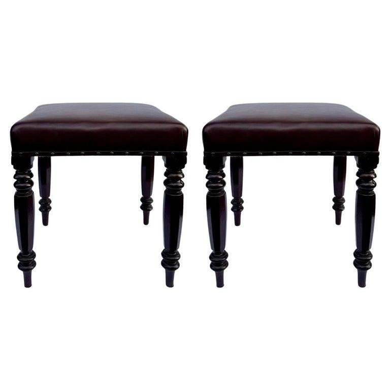 Pair Antique English Victorian Carved Mahogany Leather Upholstered Stools 19 Ct. For Sale 4